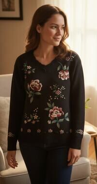 Vintage Capacity Women Large Black Knit Embroidered Floral Ribbon 90s Sweater